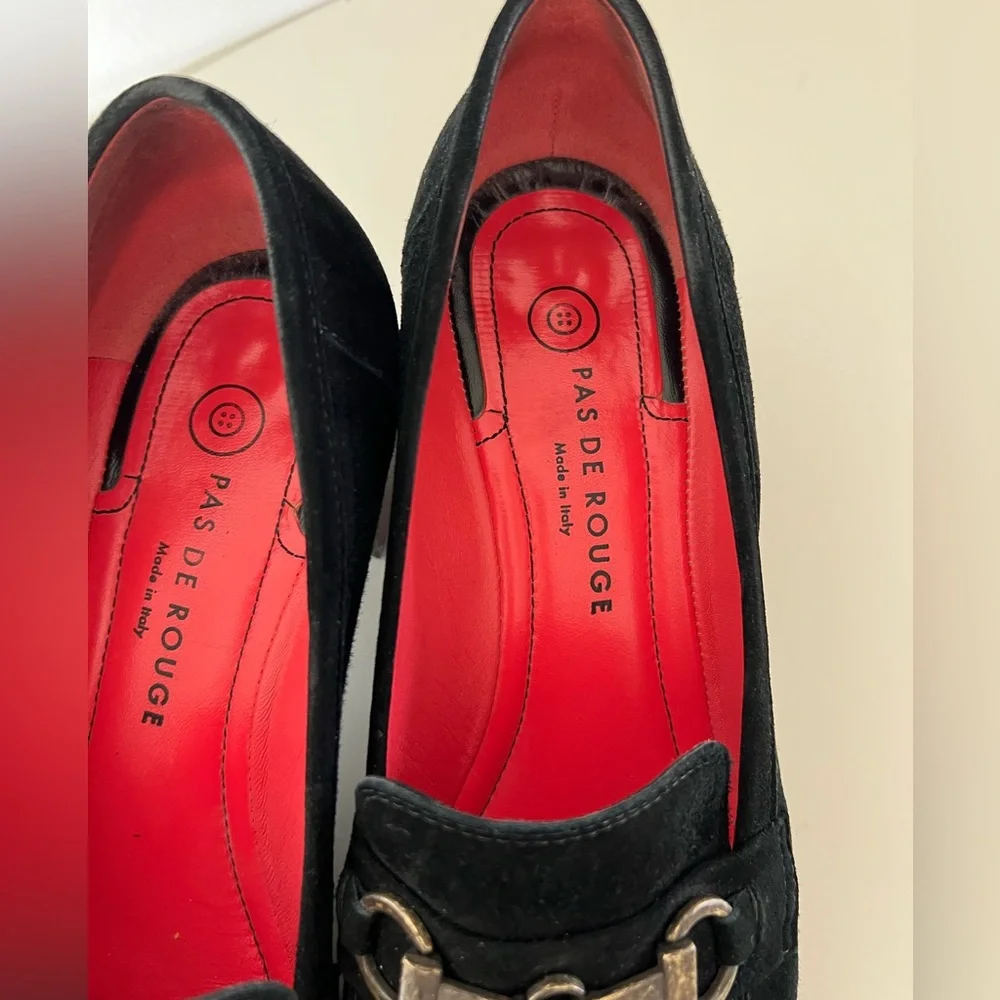 Pas De Rouge‎ Flavia 2508 Horse Bit Round Toe Black Suede Slip-On Heeled Loafer